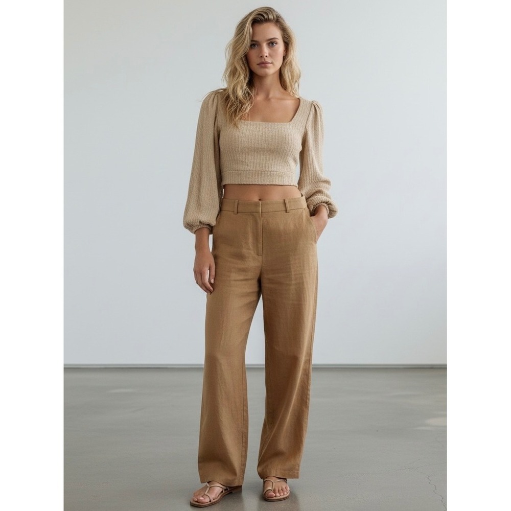 Beige Square Neck Open Back Tie Crop Top Balloon Sleeve Textured Size Small - Picture 2 of 6